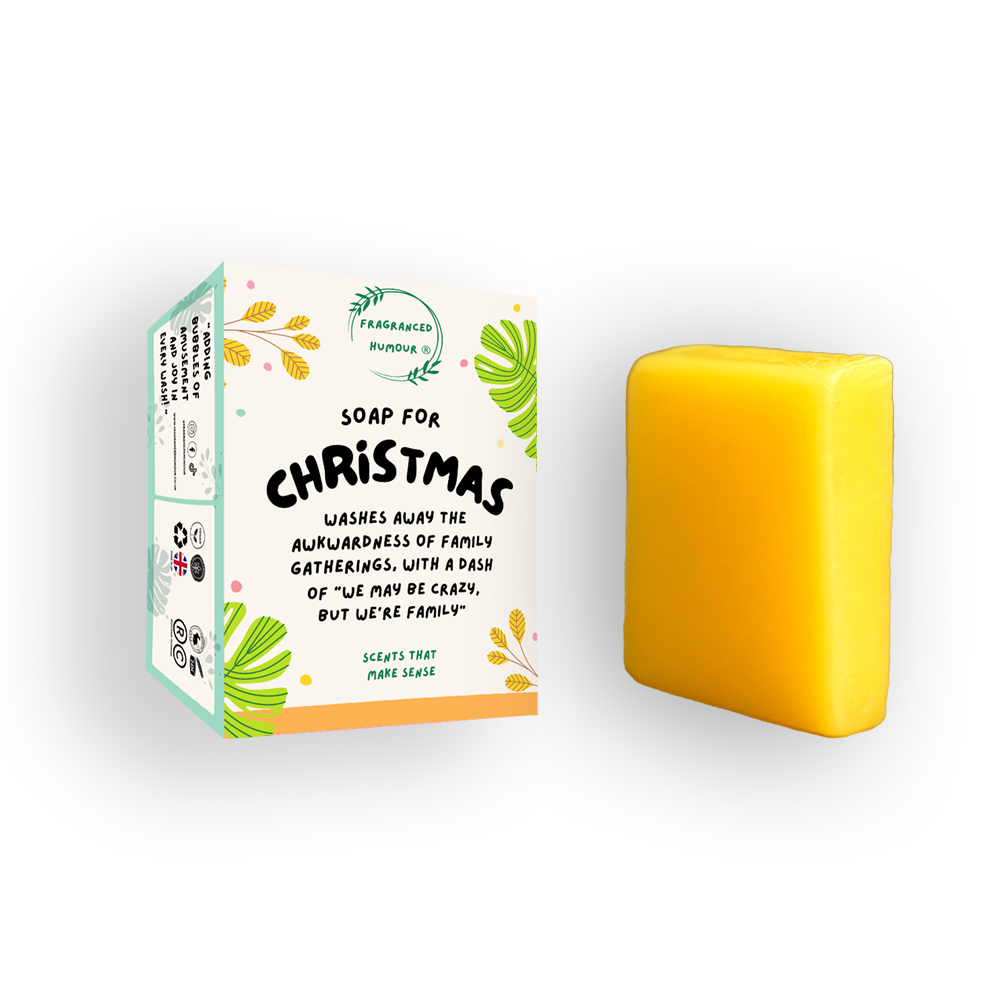 christmas gift idea funny soap text on the box reads soap for christmas washes away the awkwardness of family gatherings with a dash of we may be crazy but we are family