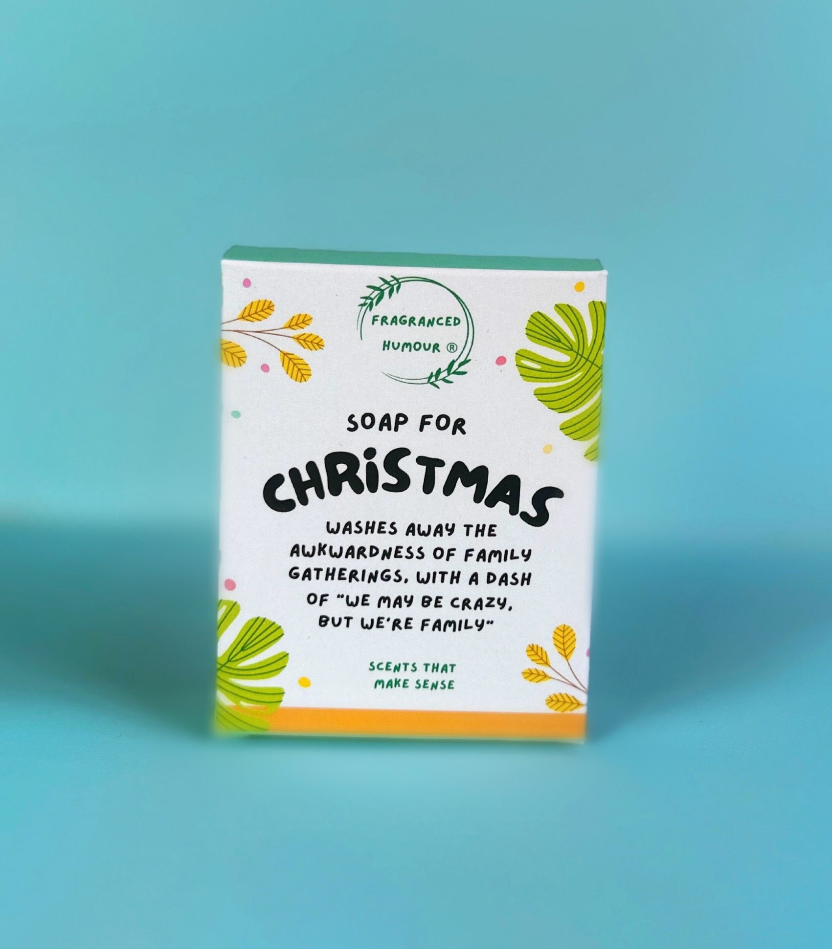 funny christmas gift novelty soap the text reads soap for christmas washes away the awkwardness of family gatherings with a dash of we may be crazy but we are family