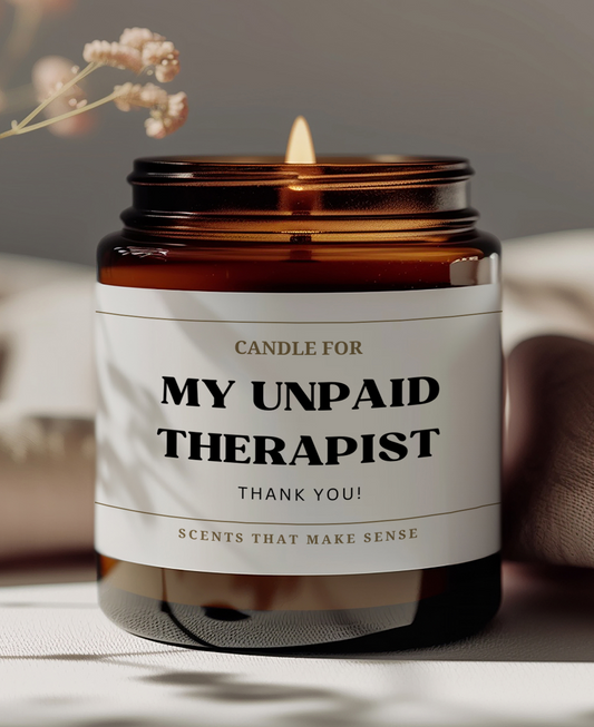 fun birthday gift and thank you present for friends. the funny candle reads, my unpaid therapist thank you.