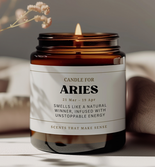 Aries birhtday gift for friends. funny candle gift for her. the label reads: candle for aries, smells like a natural winner, infused with unstoppable energy. 