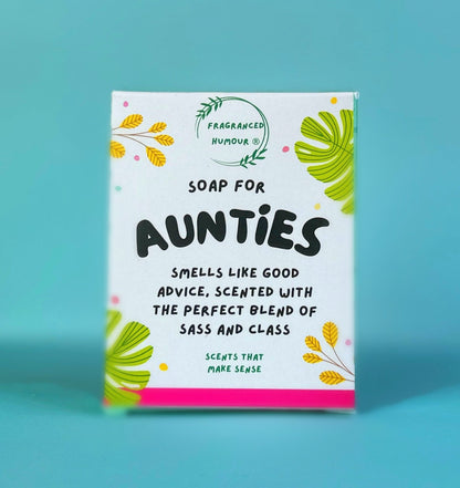 unusual birthday gift for women who have everything. funny soap, the text on the colourul box reads, soap for aunties - smells like good advice, scented with the perfect blend of sass and class.