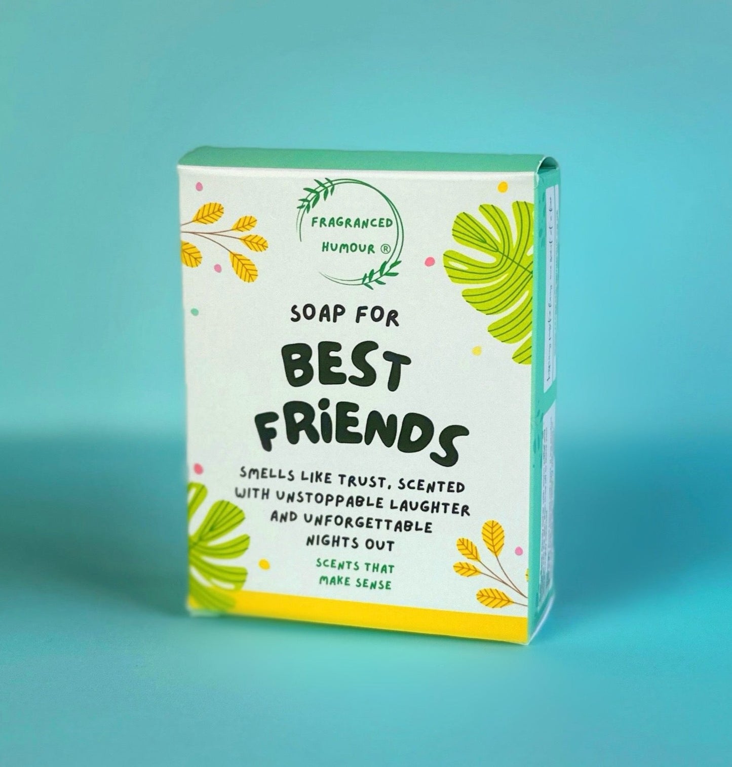 funny birthday gift idea for best friend. novelty soap with funny text on the box: soap for best friends, smells like trust, scented with unstoppable laughter and unforgettable nights out.