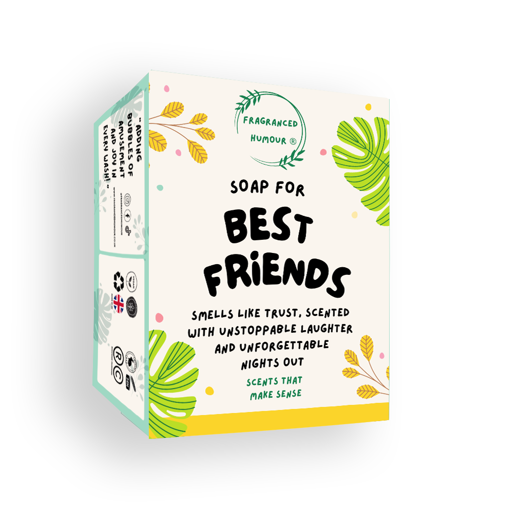 funny friendship gift. novelty soap for best friends birthday present. the text reads, soap for best friends, smells like trust, scented with unstoppable laughter and unforgettable nights out.