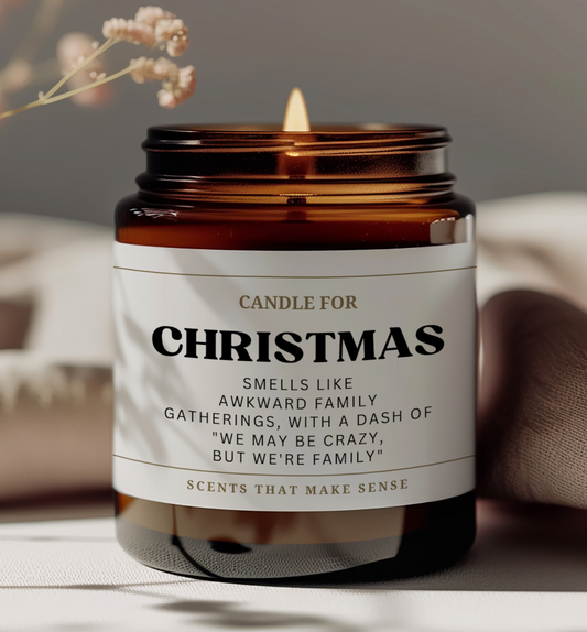 christmas stocking filler idea funny candle the label reads candle for christmas smells like awkward family gatherings with a dash of we may be crazy but we are familly
