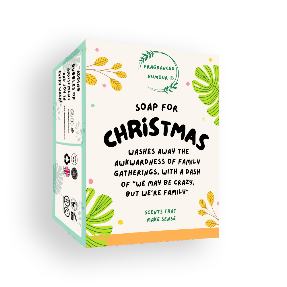 Image of a soap box with funny text: 'Soap for Christmas - washes away the awkwardness of family gatherings, with a dash of "we may be crazy, but we are family". Great choice for Christmas gifts for him and her and for stocking fillers.