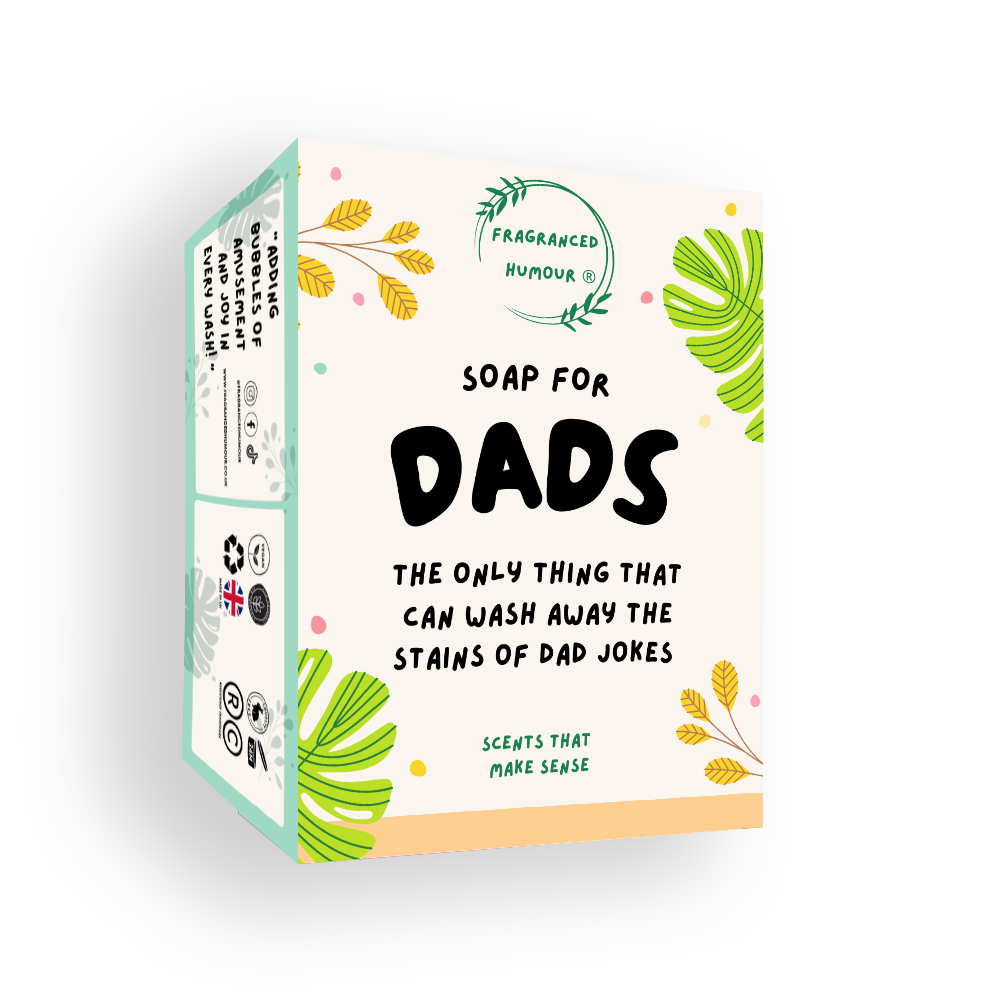 Image of a soap box with funny text: " Soap For Dads - the only thing that can wash away the stains of dad jokes". Great Christmas gift and stocking filler for dads.