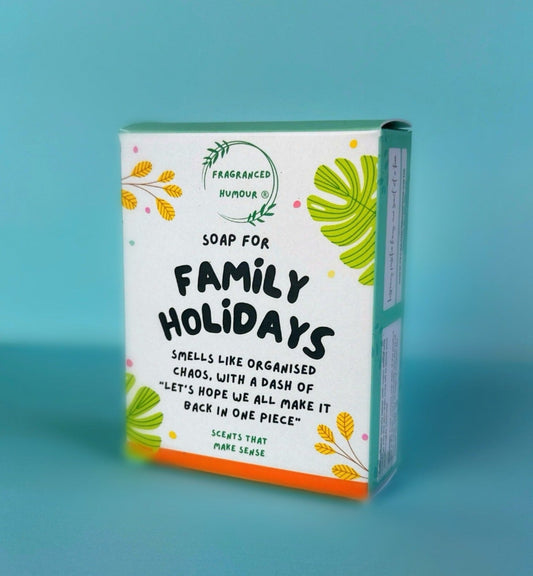 birthday gift idea for her. funny soap - the text on the box reads, soap for family holidays, smells like organised chaos, with a dash of let's hope we all make it back in one piece. 