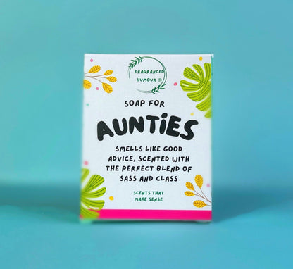 birthday gift idea for auntie. novelty soap with text on the box: soap for aunties, smells like good advice, scented with the perfect blend of sass and class.