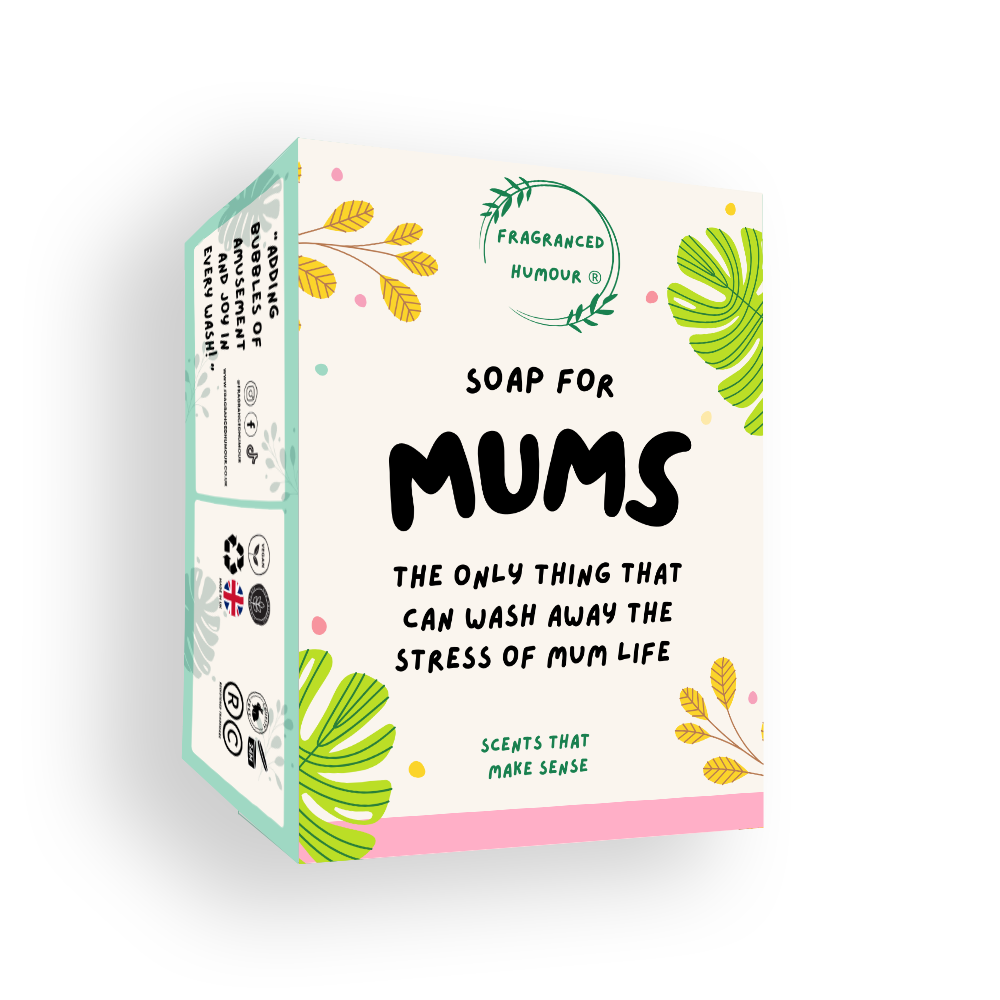 Image of a soap box with funny text: ' soap for mums - the only thing that can wash away the stress of mum life'. Great Christmas gift and stocking filler for mums and friends.
