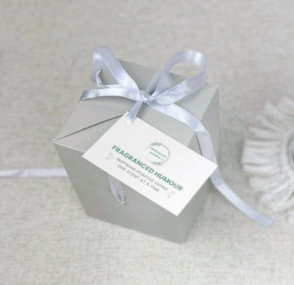 silver gift box with sating ribbon