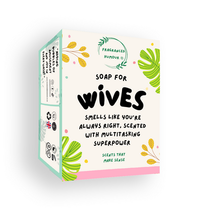 novelty soap box with text  soap for wives  smells like you are always right scented with multitasking superpower  it is a funny Christmas gift for her.