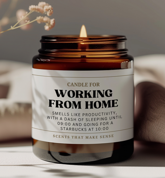 funny gift for friends and colleagues candle for working from home smells like productivity with a dash of sleeping until 9 am and going for a starbucks at 10 am